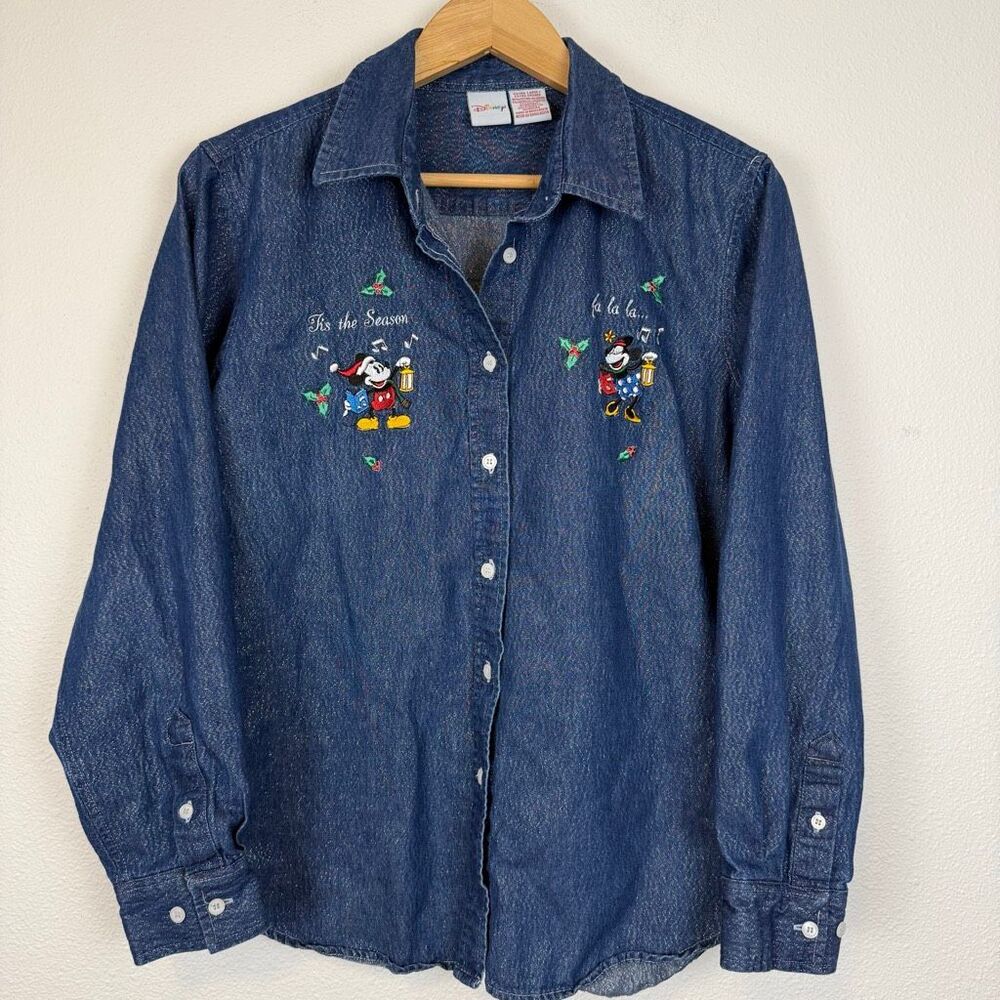 Vintage Disney Mickey Embroidered Christmas Button Down Size XL